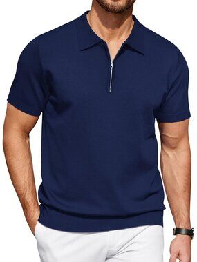 Men'sNavy Blue-solid-new Zipper Polo Shirt Casual Knit Short Sleeve Classic Fit